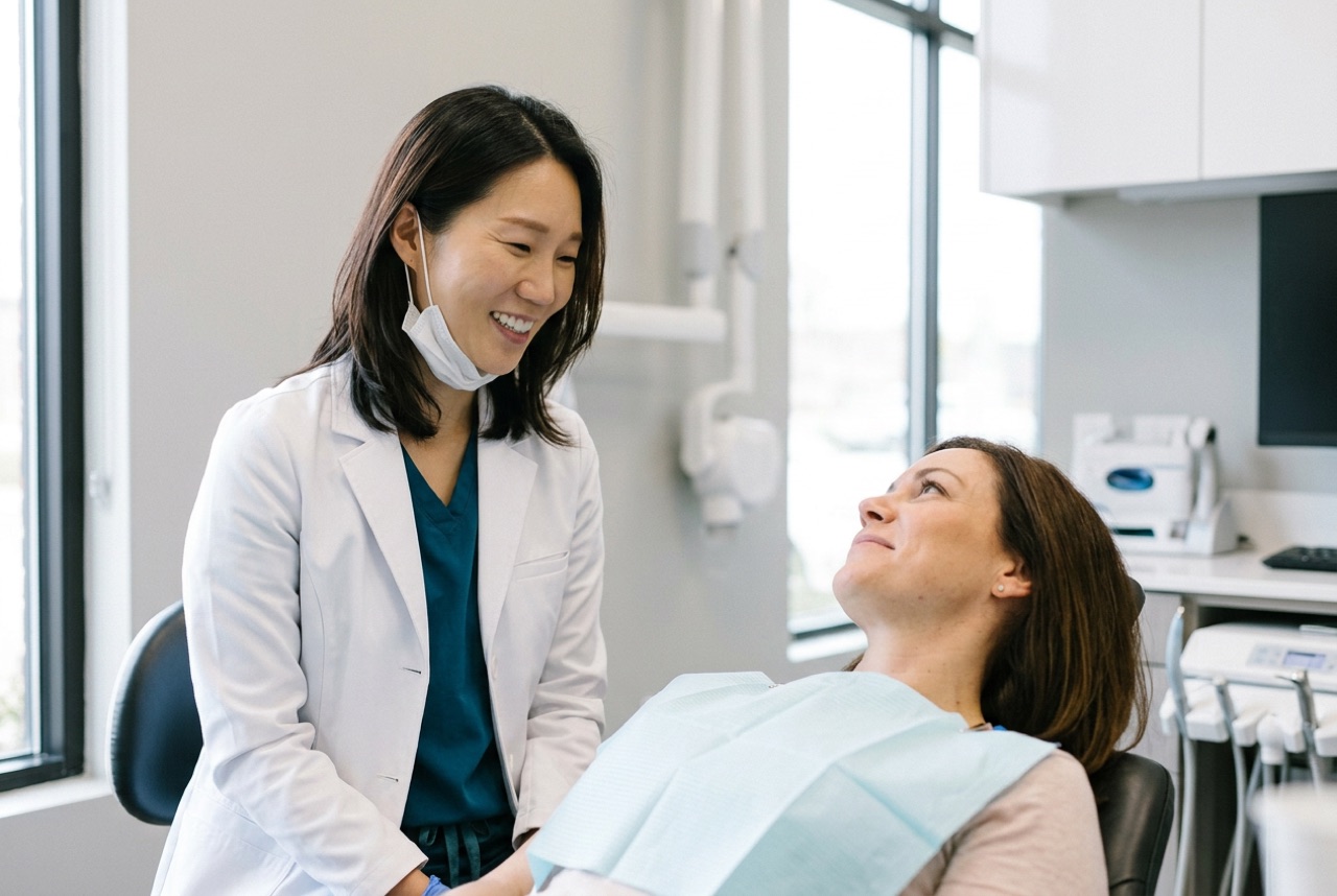 Dr. Michelle Kim talking with a patient during a visit at the Ivy Road office