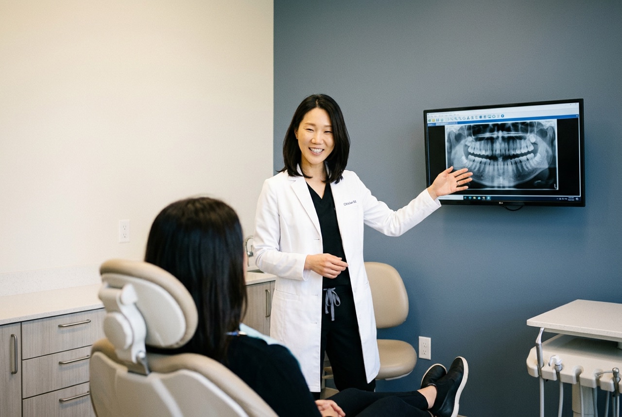 Dr. Michelle Kim reviewing a patient's digital X-ray on screen during a consultation